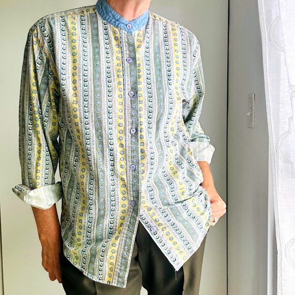 Vintage 80s Cottage Core Western Blouse Chambray Size Small Made USA Yellow Blue - Picture 1 of 10